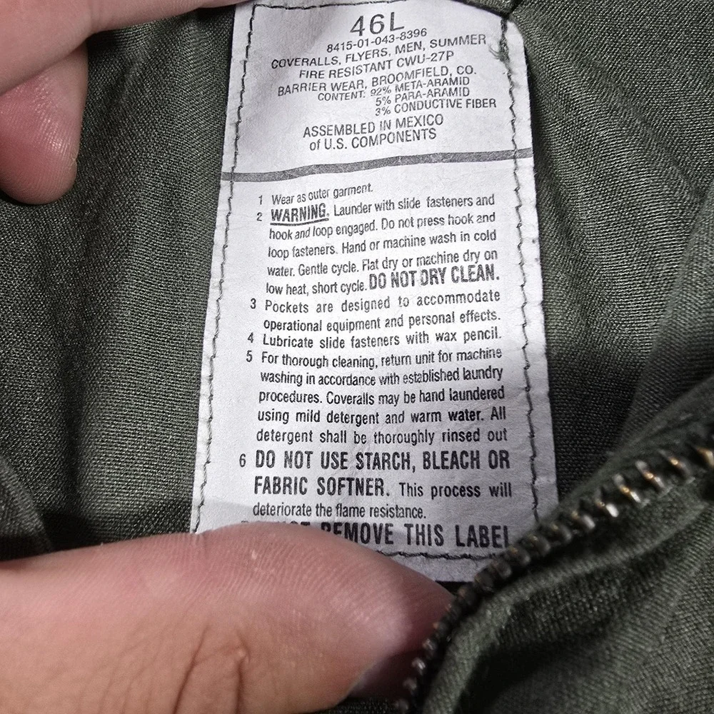 Barrier Wear CWU-27P‎ Coveralls Mens 46L Green Aramid Fire Resistant Military